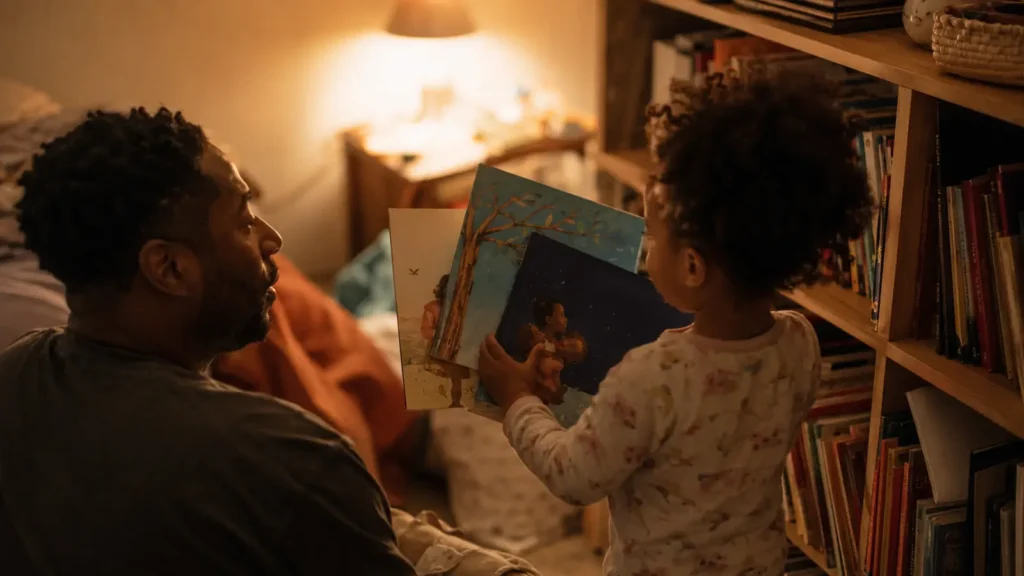 A father and his young daughter choose from a pile of picture books by lamplight beside a full bookshelf