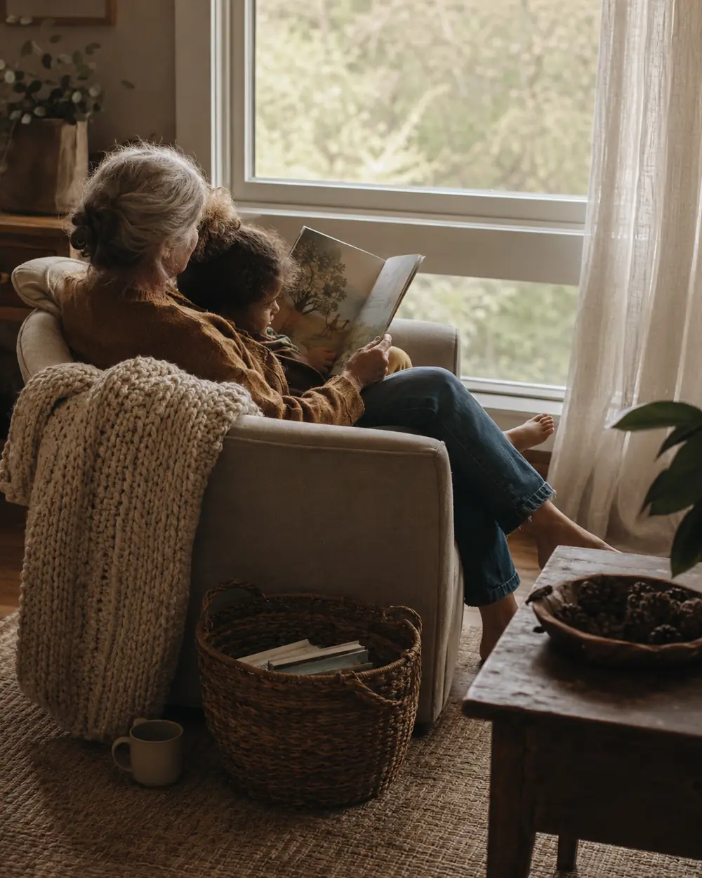 A grandparent reads aloud from a picture book in an armchair beside a bright window