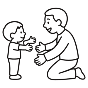 Child reaching out to a kneeling grown-up for a hug, the ask step of the calm down corner poster
