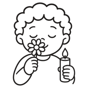 Child with curly hair smelling a flower and blowing out a candle, the breathe step of the calm down corner poster