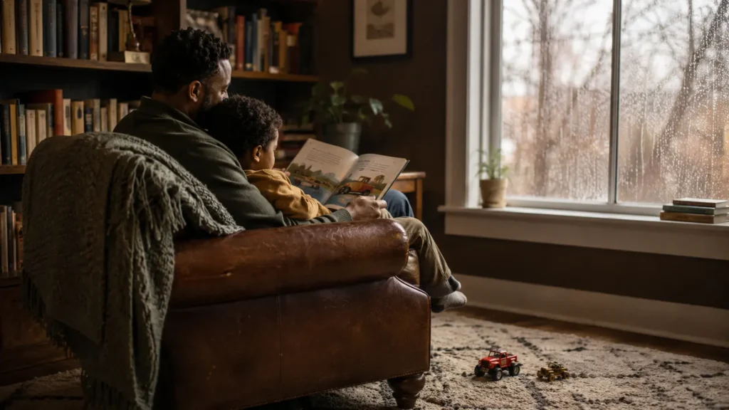 A father and son read a book together on a couch beside a rainy window