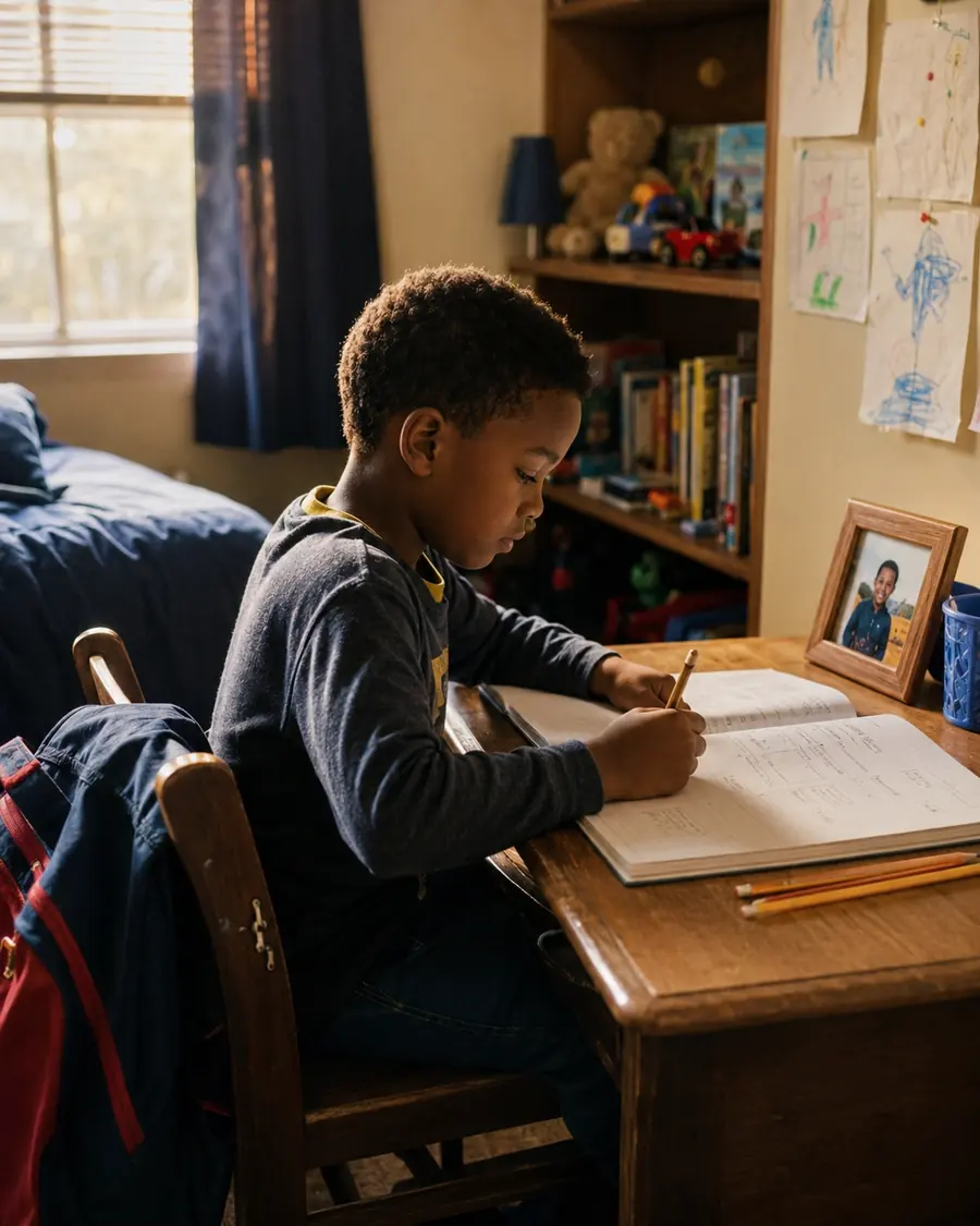 A boy works at a bedroom desk with a notebook, pencil and a bookshelf behind him