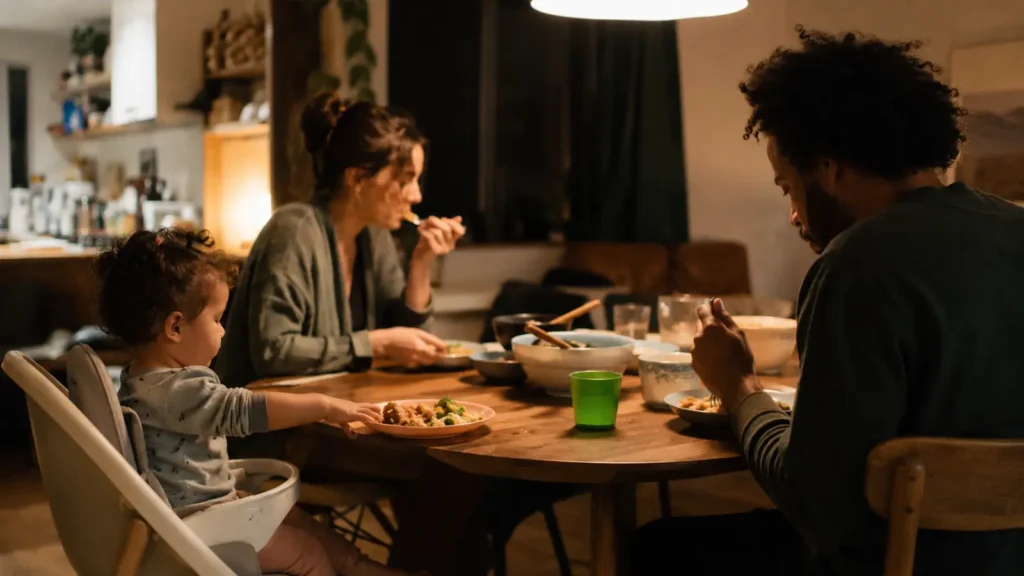 An untouched dinner plate on a family table after a child has already left the chair