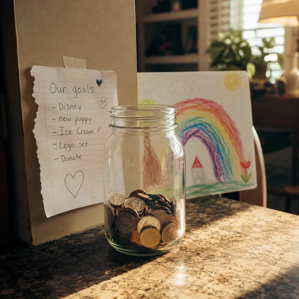 A child dropping coins into a glass jar on a kitchen counter