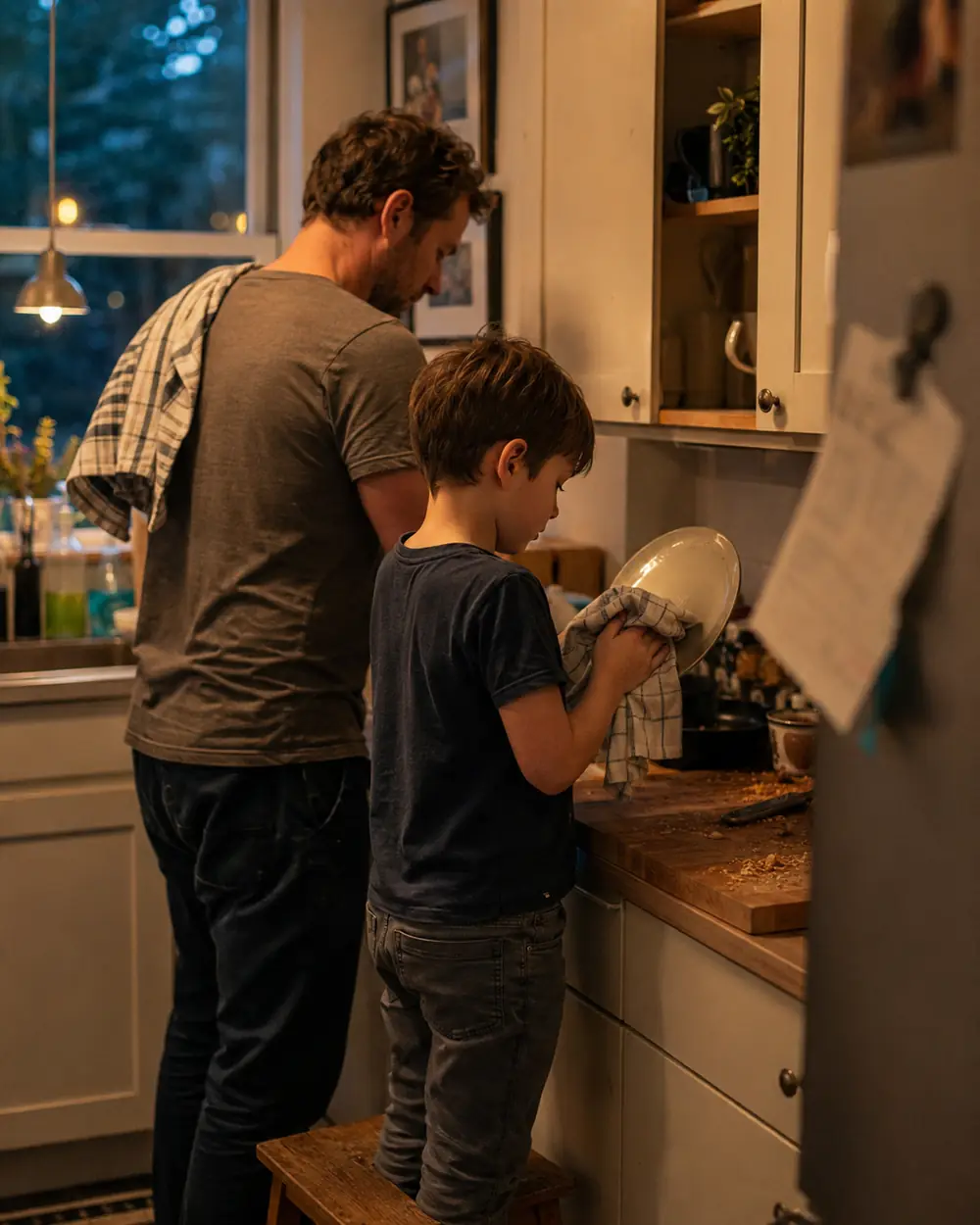 A father and son washing and drying dishes side by side at a kitchen sink, the boy on a step stool