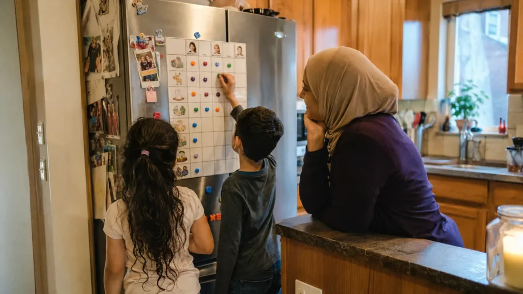 A magnetic chore chart on a family fridge door surrounded by drawings and school letters
