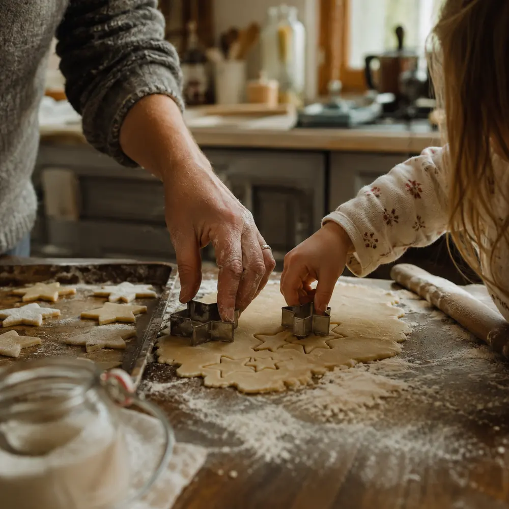 Two pairs of hands cutting star shapes from rolled dough on a floured wooden table