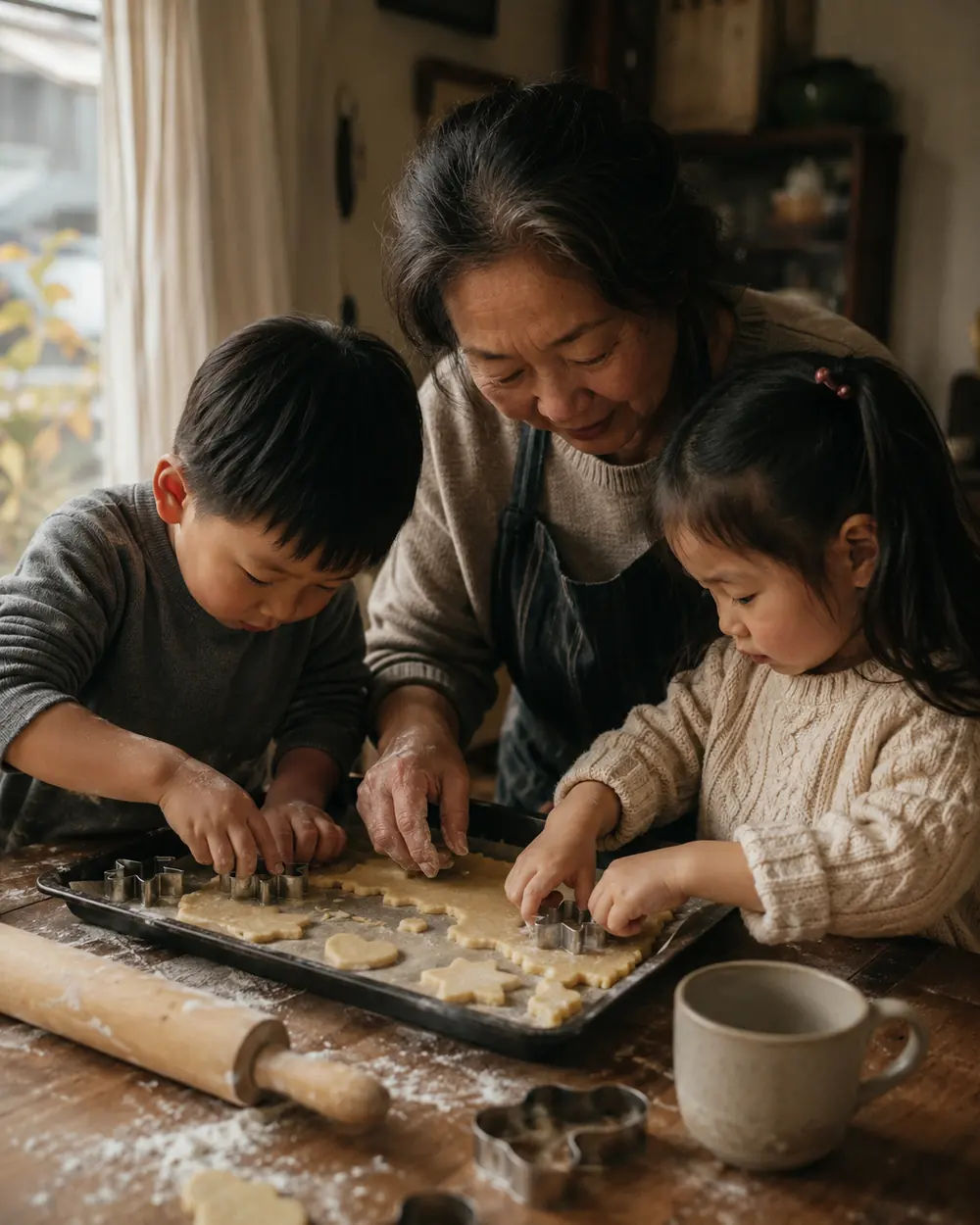 A grandmother and two children pressing cookie cutters into rolled dough on a baking tray
