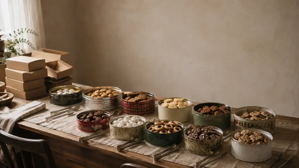 A long table laid with open tins and bowls of Christmas biscuits, nuts and sweets ready for a cookie swap