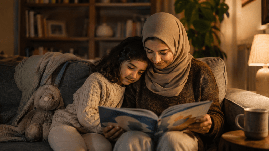 A mother in a hijab reads her daughter a bedtime story on the couch in low lamp light