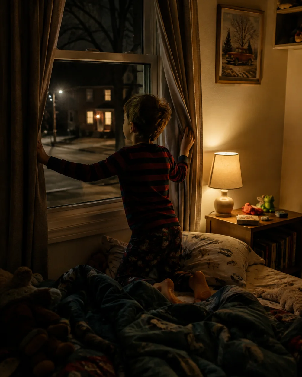 A child kneeling at a dark window on Christmas Eve looking out at the lights