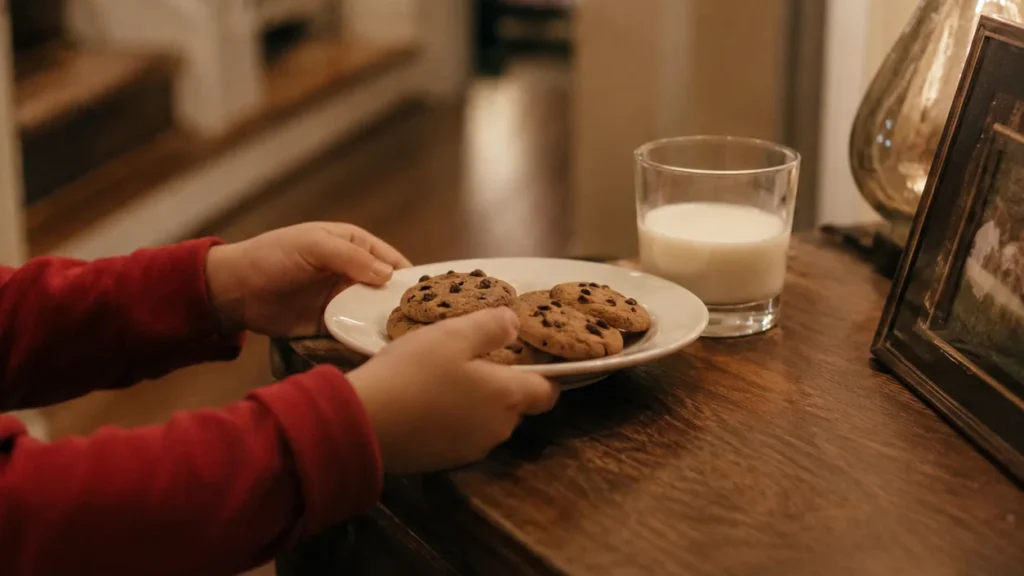 A child in a red jumper places a plate of cookies and a glass of milk on a hall table with the tree lit behind