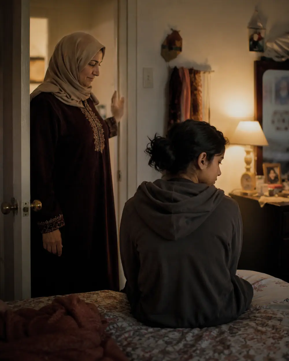 A mother standing in a bedroom doorway talking to her teenage daughter, both relaxed and looking away from the lens