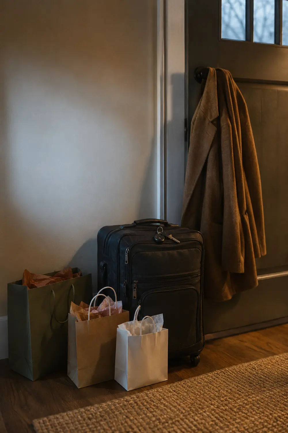 A suitcase and paper gift bags waiting by a front door with a coat hanging above
