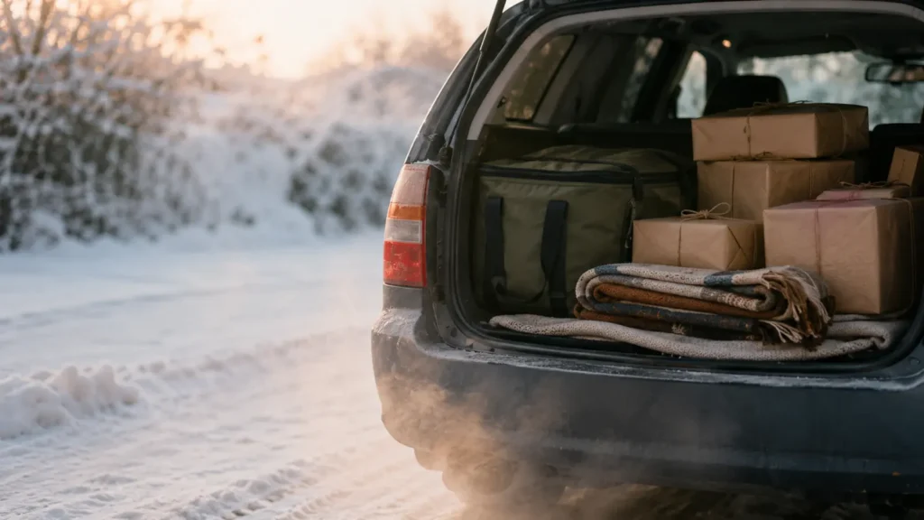 An open car boot loaded with wrapped boxes and bags on a snowy lane at sunset