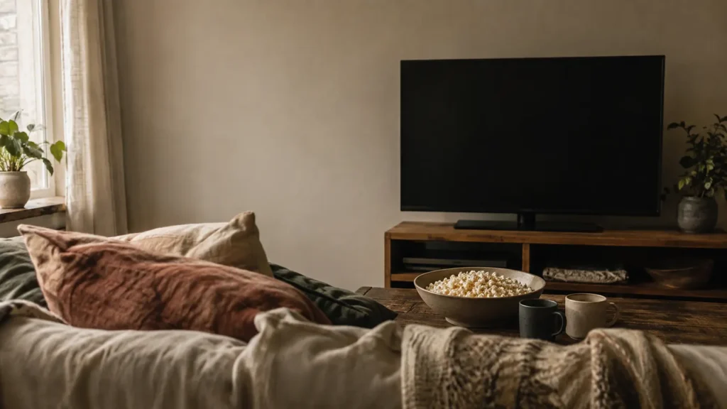 A living room with a television, blankets on the sofa and a bowl of popcorn on a low table