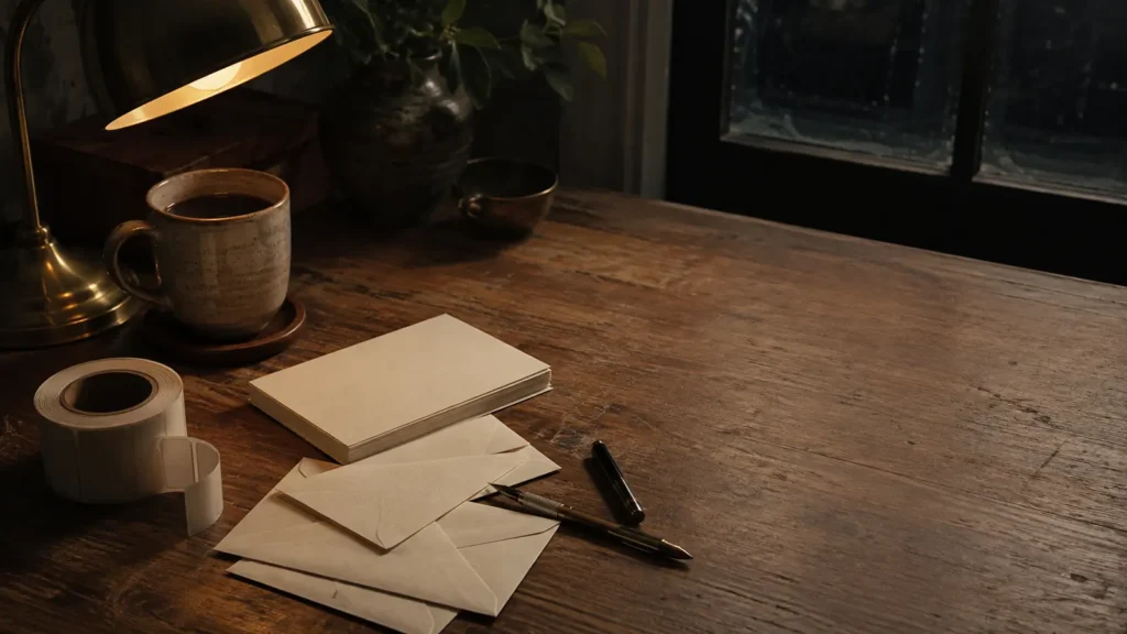 Blank cards and envelopes, a pen, a roll of tape and a mug on a dark wooden desk under a lamp