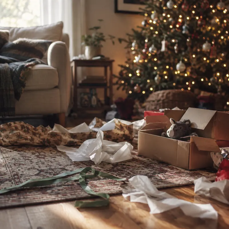 Torn wrapping paper covers a living room floor after presents have been opened