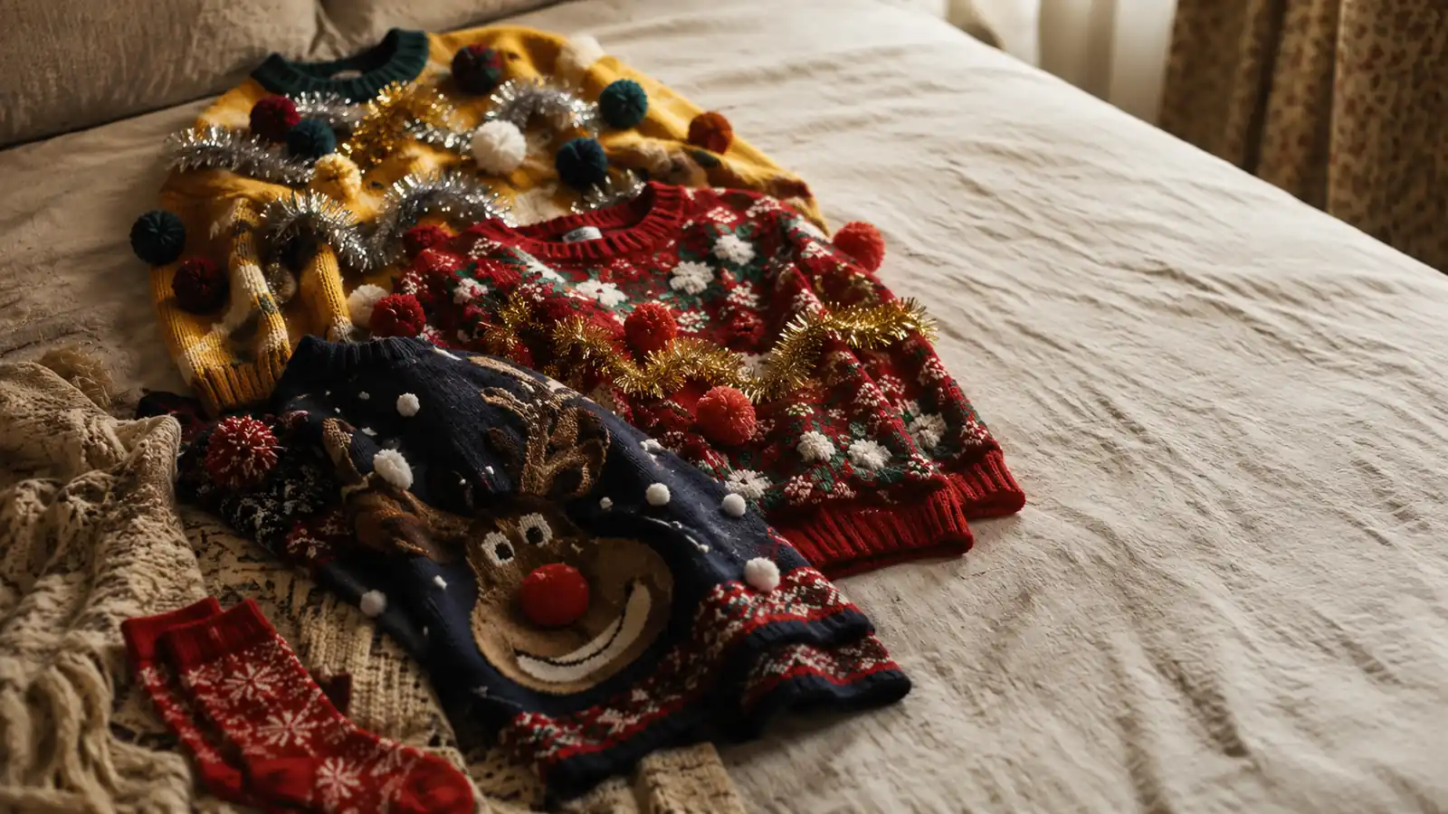 Christmas jumpers with reindeer and pompoms laid out side by side on a bed