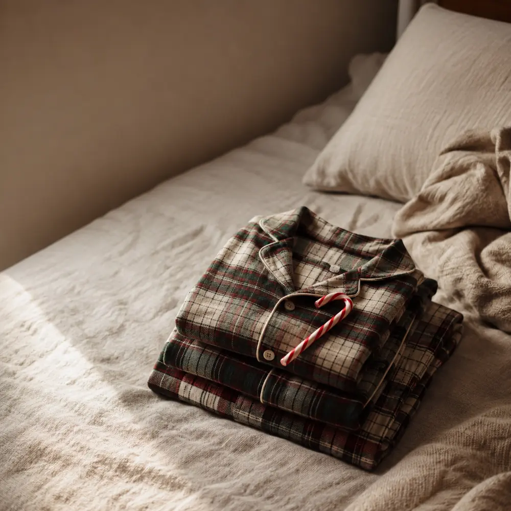 Folded flannel checked pyjamas on a bed with a candy cane resting on top