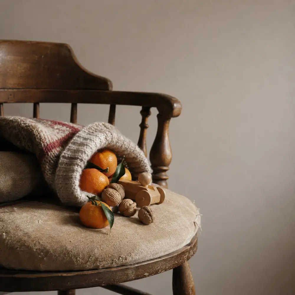A bowl of clementines and mixed nuts in shells on a wooden chair