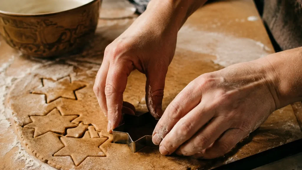 Rolled dough on a floured board with metal cookie cutters pressed into it