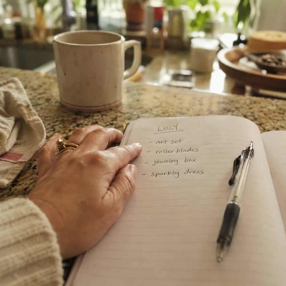 An open notebook on a kitchen counter with a handwritten gift list and a pen resting on the page