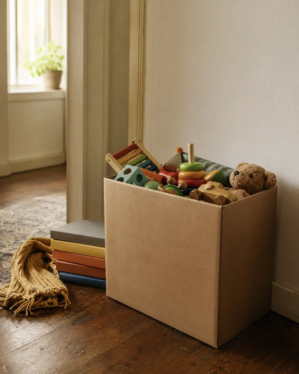A cardboard box on a wooden floor being filled with wooden toys and a soft toy