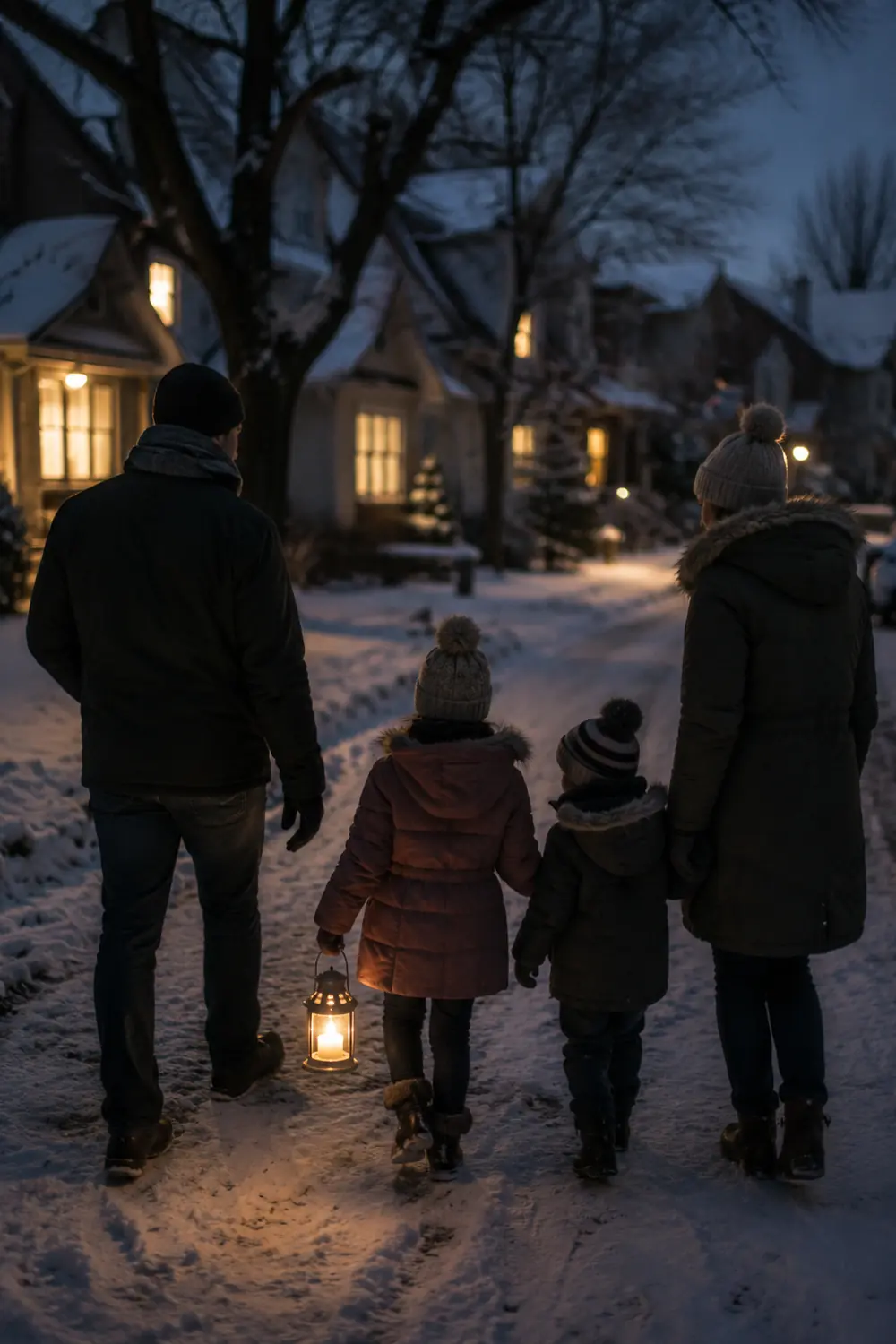 A parent and child walking outdoors in the dark carrying a small light