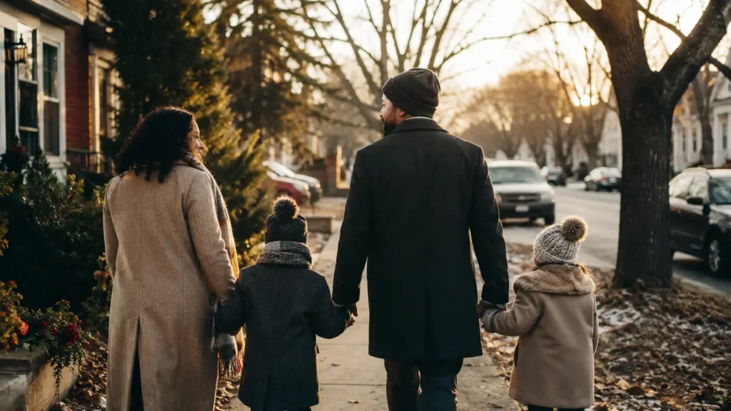 A family walking down a quiet street on Christmas afternoon in winter coats