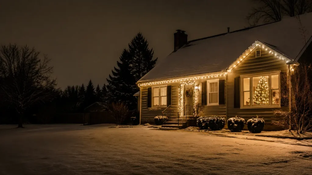 A house edged with warm Christmas lights at night with snow across the front garden
