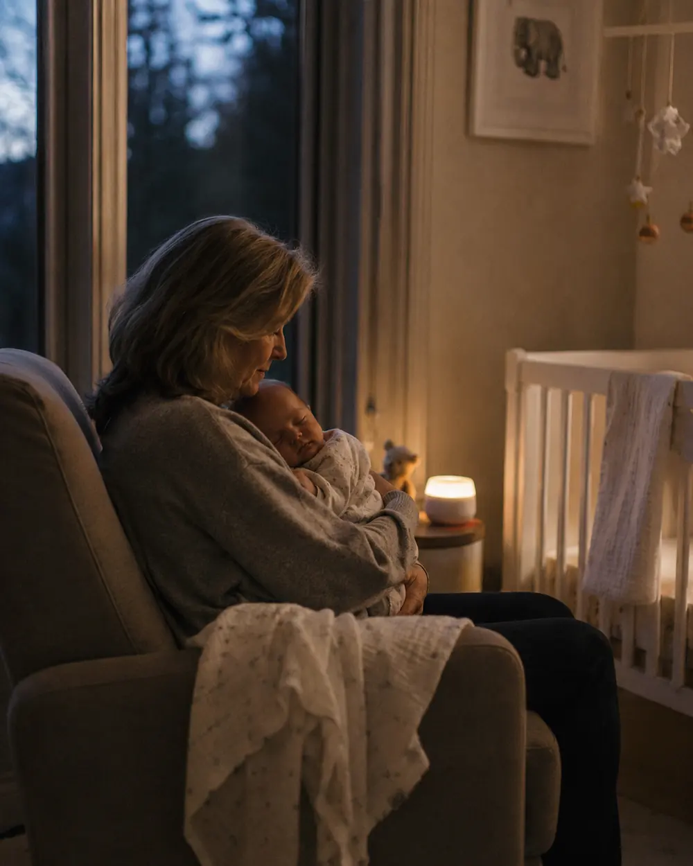 A parent sitting in a nursery glider at night holding a newborn, a cot and a night light beside them