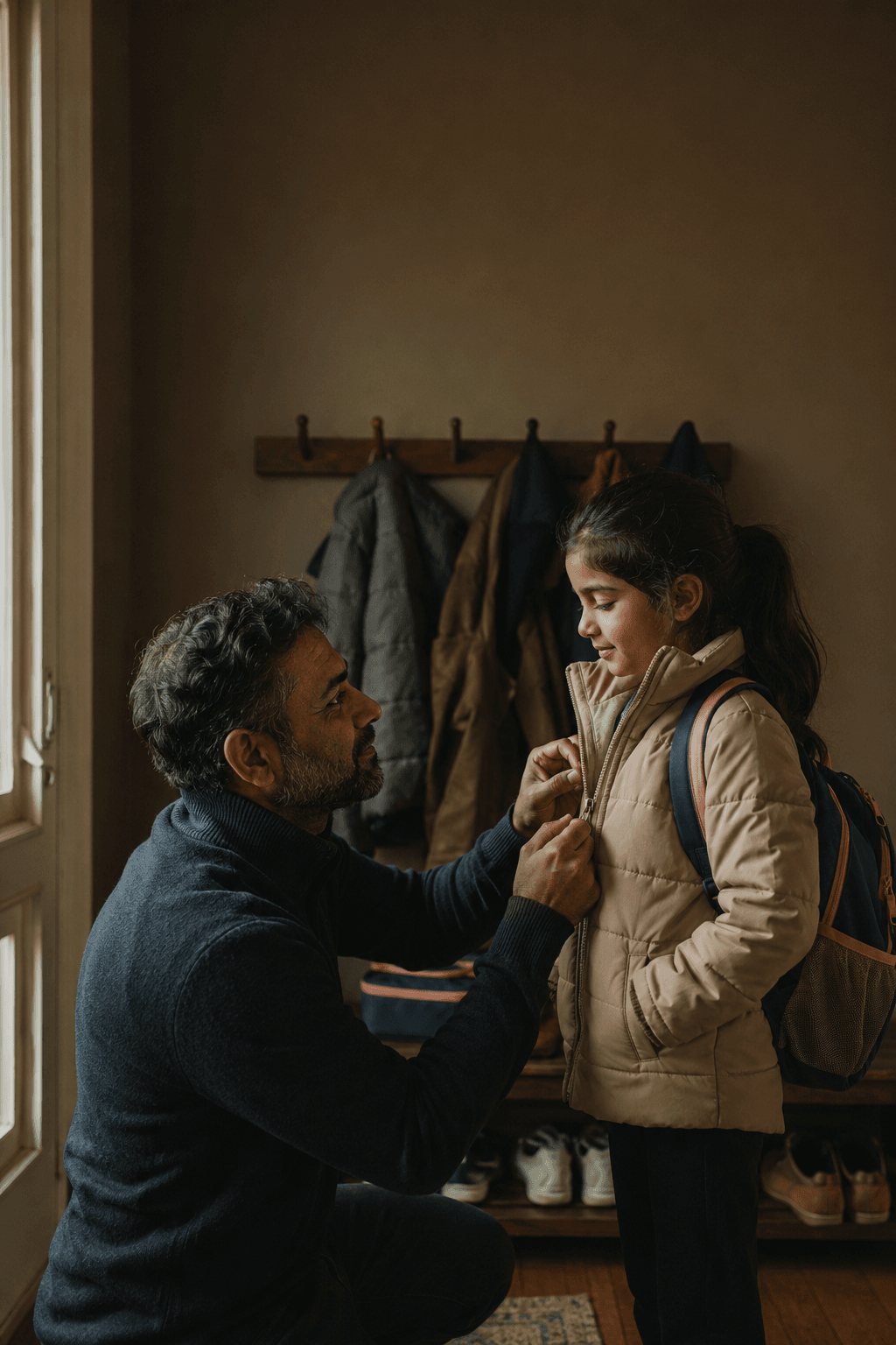A South Asian father zips up his daughter's jacket by the coat hooks in the entryway before school