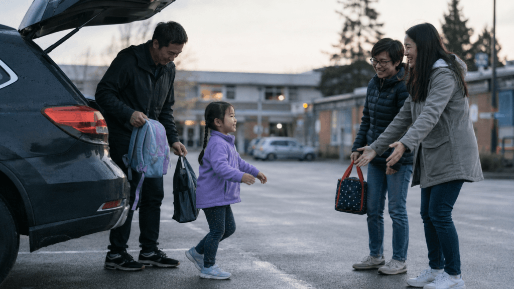 At dusk in a school parking lot an East Asian father lifts a backpack from the car while his daughter runs toward him