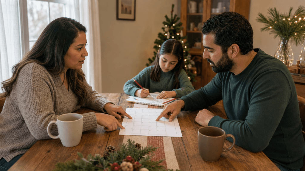 Two co-parents calmly compare a paper Christmas calendar while their child draws nearby