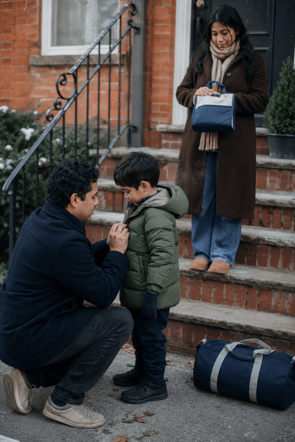 Father zips his child's winter coat during a calm handoff while the other parent waits by the door