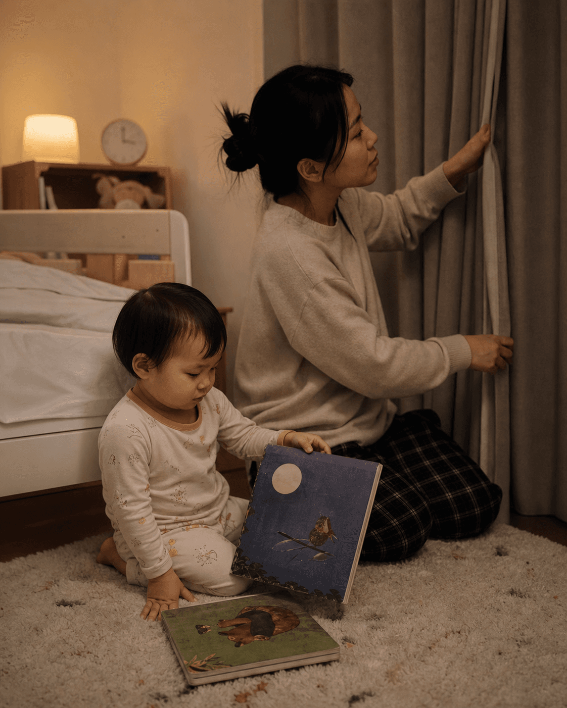 East Asian toddler chooses a bedtime book while their mother closes the bedroom curtain