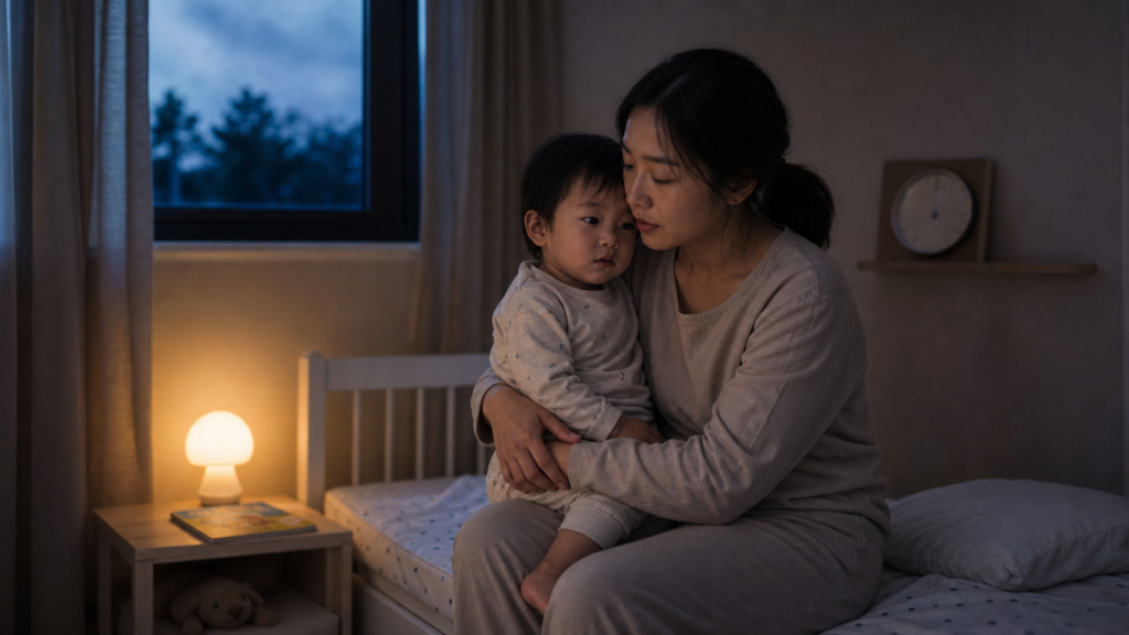 East Asian mother holds her awake toddler in a softly lit bedroom before sunrise