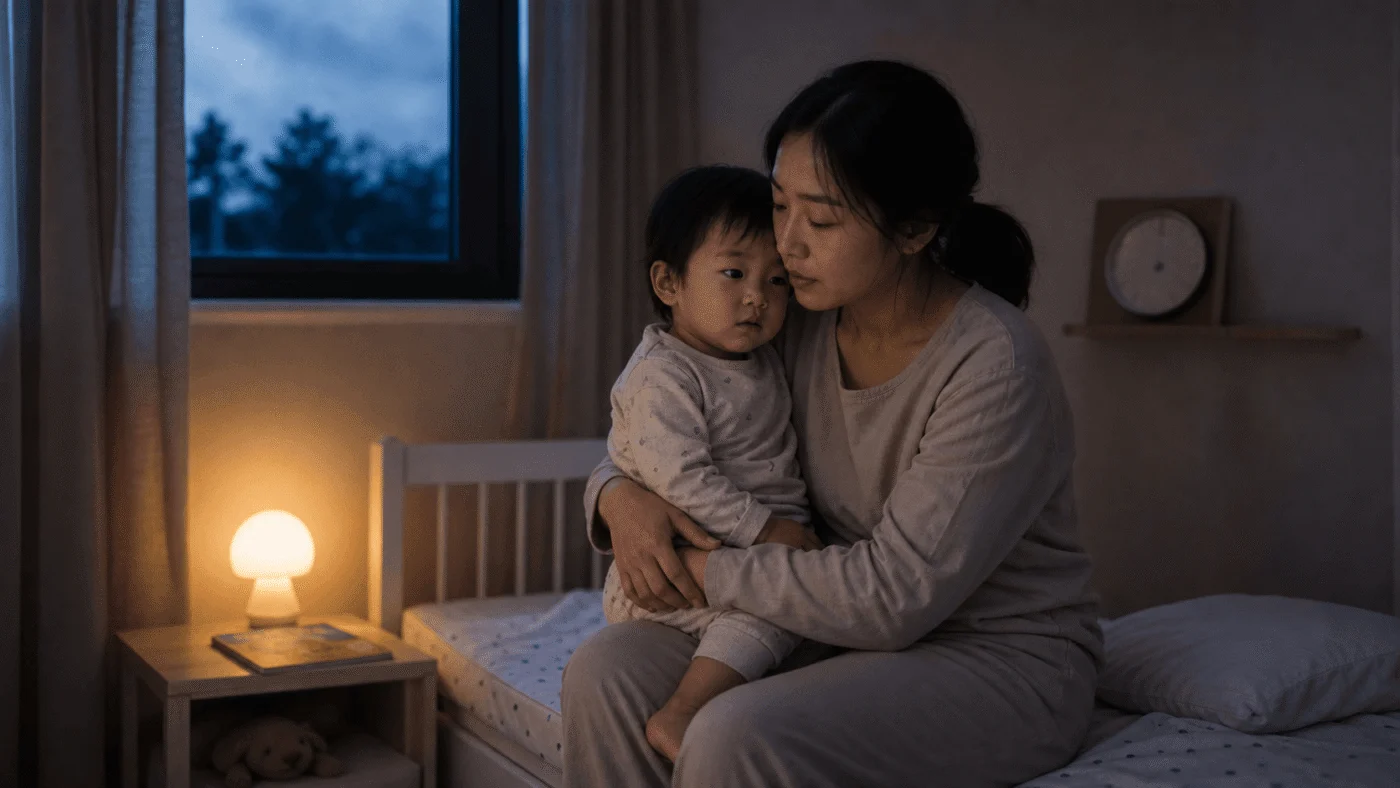 East Asian mother holds her awake toddler in a softly lit bedroom before sunrise