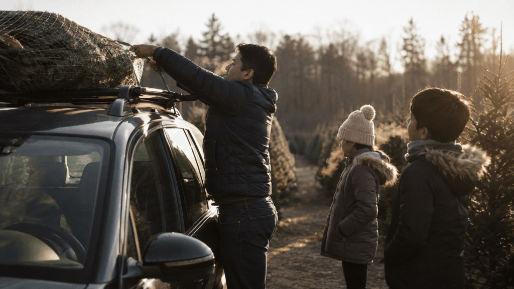 A family car with a Christmas tree strapped to the roof on a cold bright winter day