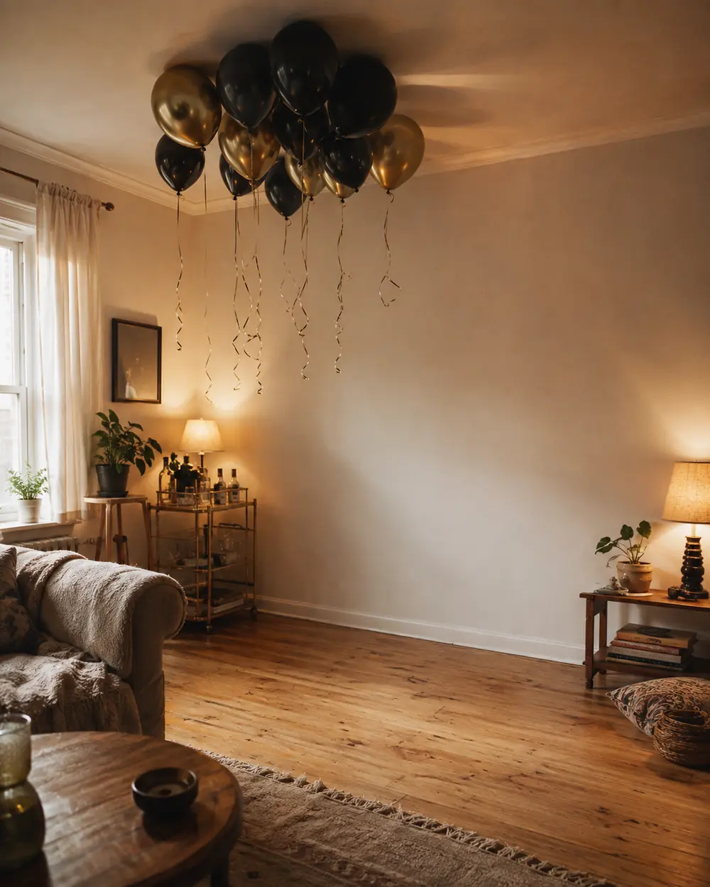 A cluster of black and gold balloons against the ceiling of an empty living room