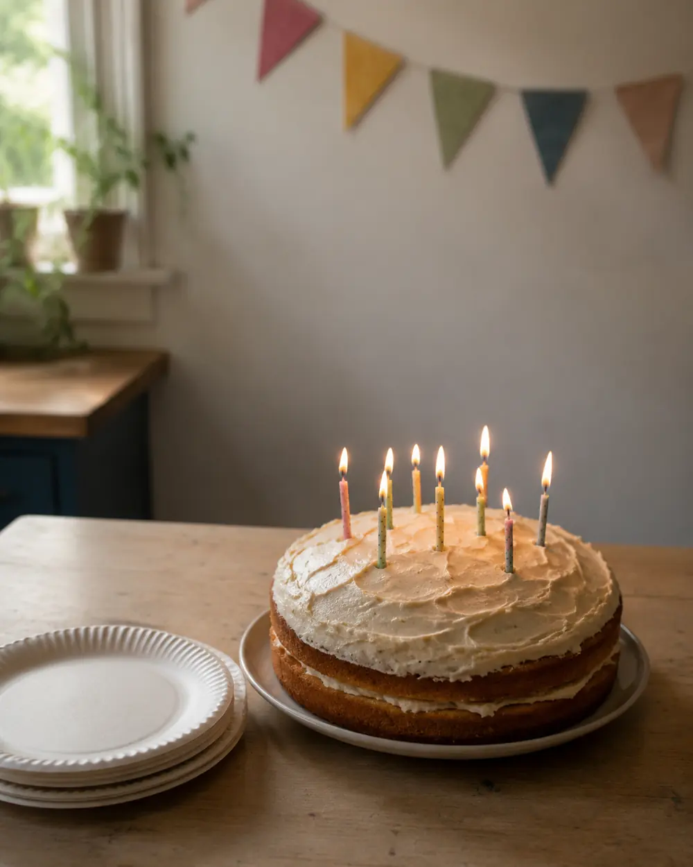 A birthday cake with lit candles on a table under paper bunting