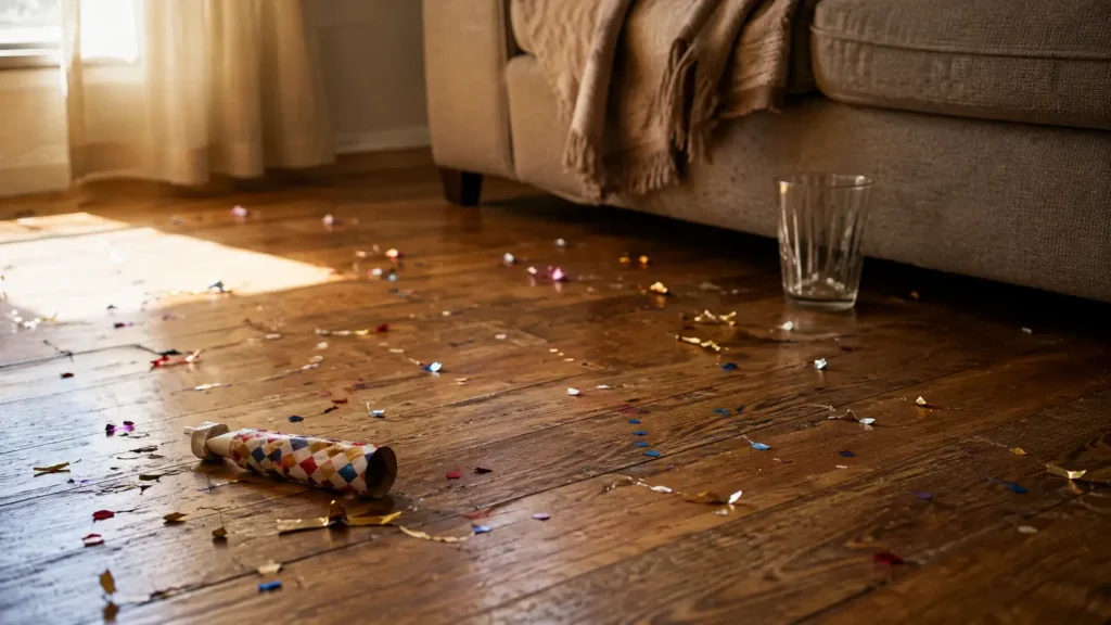 Confetti, a spent party popper and an empty glass on a wooden floor in morning light