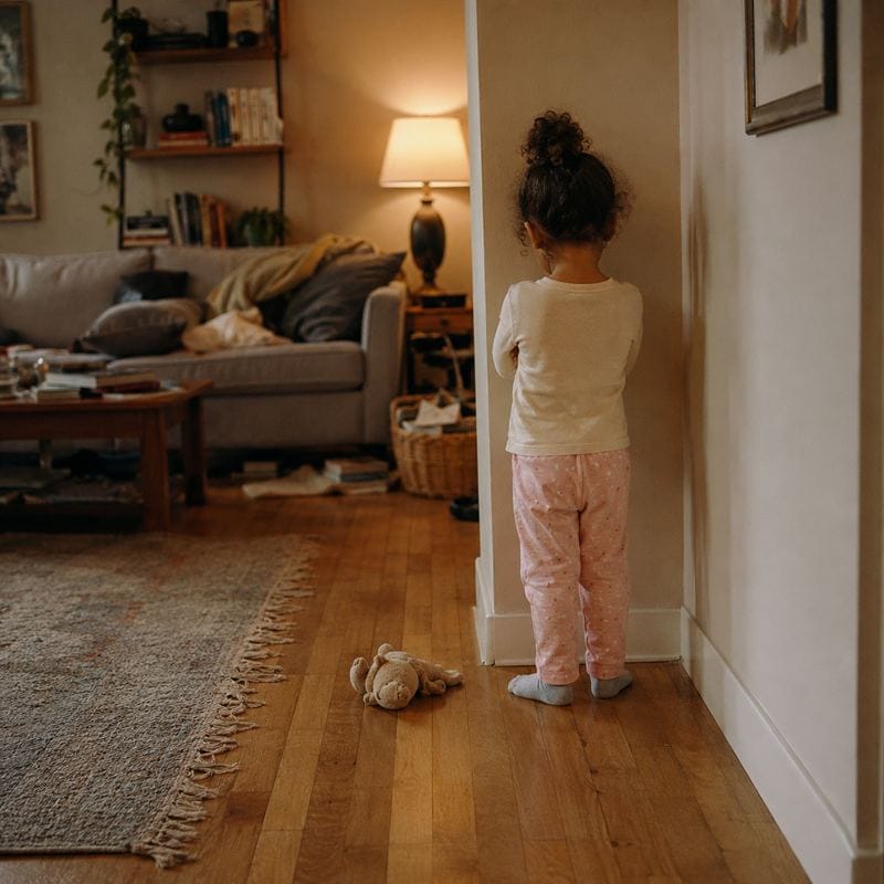 A child sits with their back turned in the corner of a room