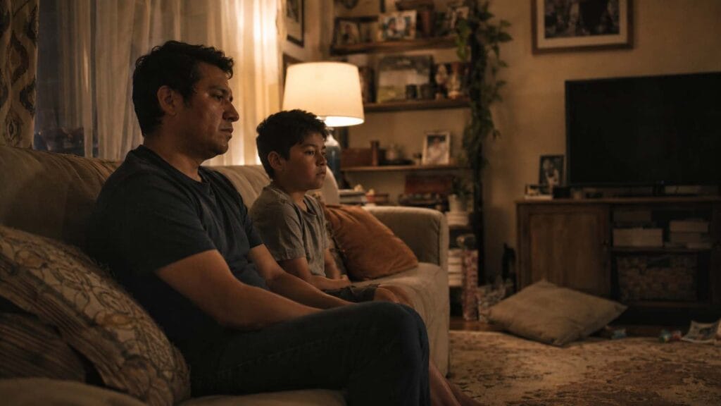 A parent and child sit side by side on a sofa afterwards, not talking, close