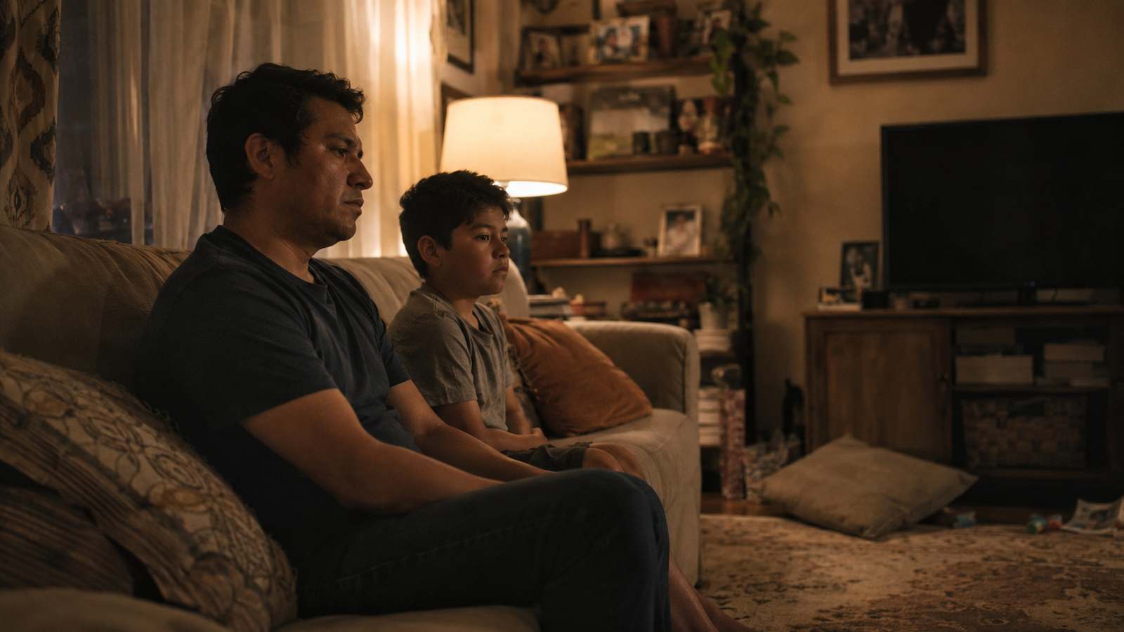 A parent and child sit side by side on a sofa afterwards, not talking, close