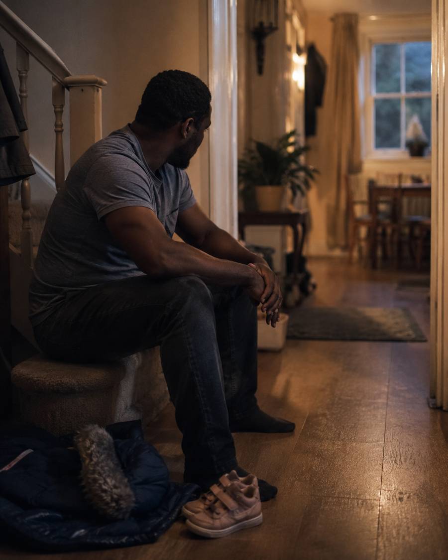 A parent sits alone on the stairs with their head in their hands