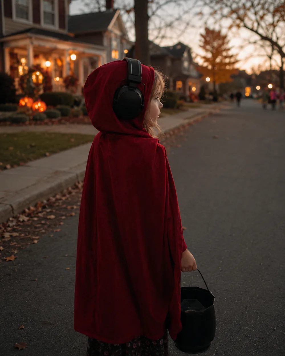 A child in a Halloween costume wearing ear defenders on the street