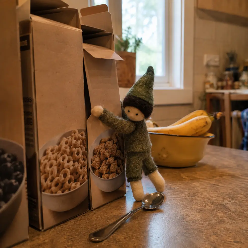 A small felt toy propped up in a kitchen next to spilled cereal