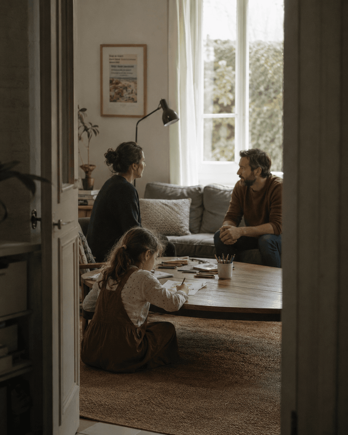 Two parents sit talking with their young daughter while she draws at the living room table